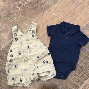 Carter’s Newborn Navy Blue Collard Onesie and Beige Overalls Set